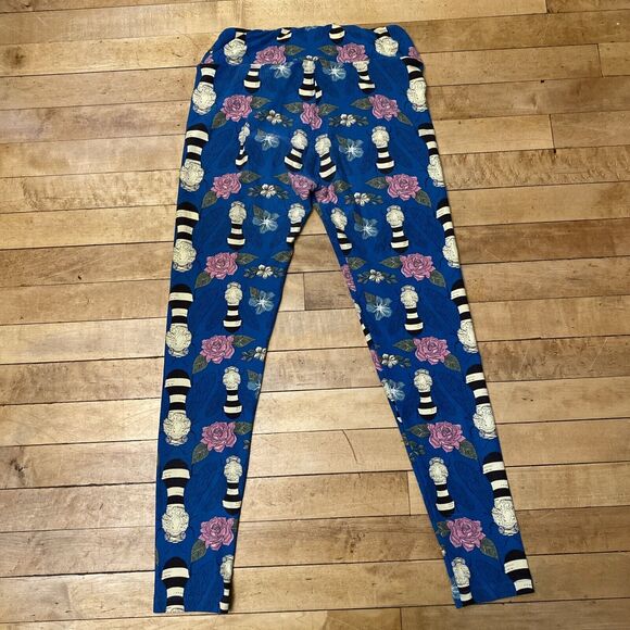 LulaRoe Leggings Women’s One Size Blue Floral & Flies Stretch Ankle - Picture 9 of 12